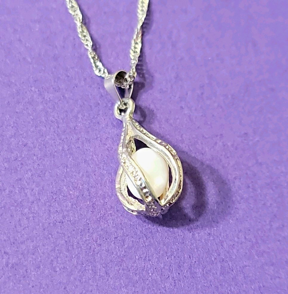 Silver Tone Necklace & Earrings Set White Round Imitation Pearl Adjustable